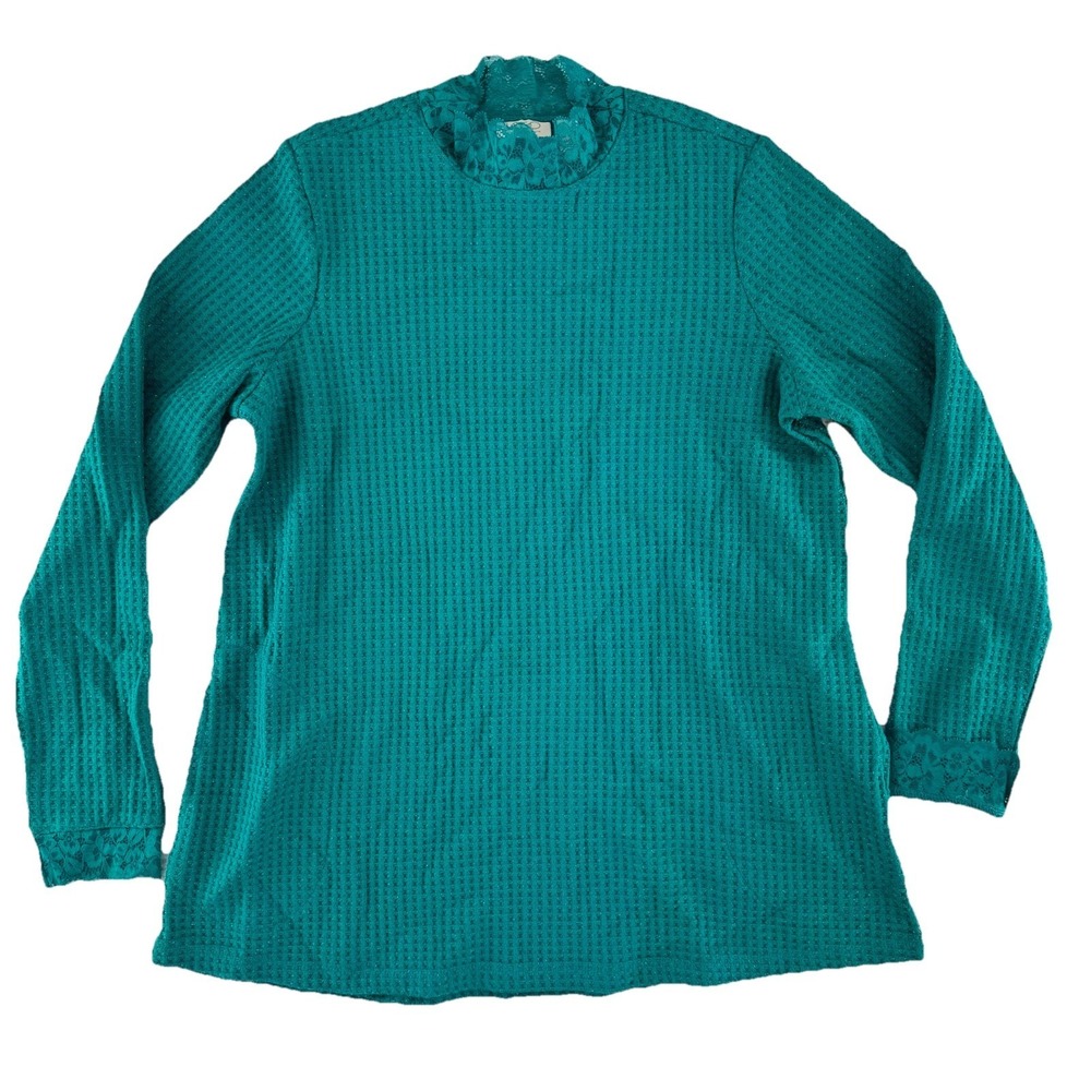 LOGO by Lori Goldstein Metallic Waffle Knit Mock Neck Top Sweater Small Green
